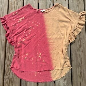 Umgee Womens Medium Top Orange Pink Colorblock Splatter Dye Frayed Hem Linen
